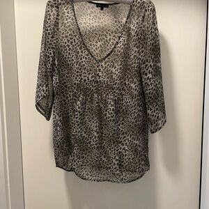 Plum Brown and Black V-Neck Sheer Relaxed Blouse